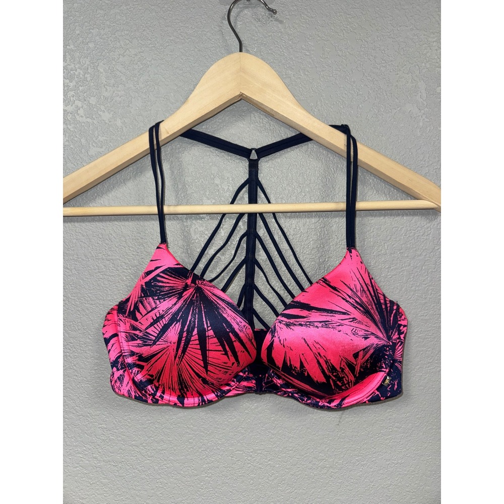 Victoria's Secret Very Sexy Lightly Lined Plunge Bra Pink Navy Palm Strappy 34C